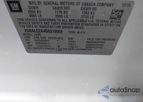 2016 Chevrolet Equinox Lt из США, поврежденный, VIN 2GNALCEK4G6218958